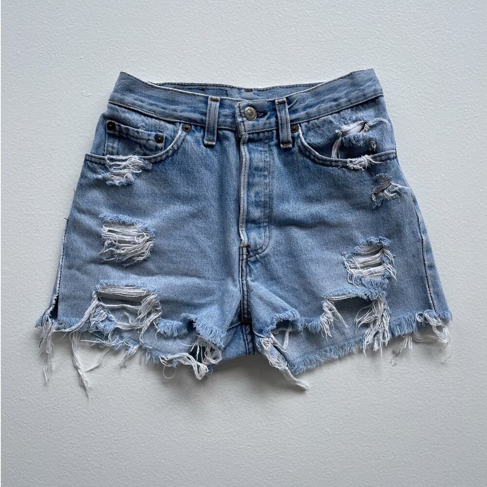 Vtg 90s LEVIS Petros Upcycled 501 Distressed Jean Shorts 24-25"W / Boho Grunge